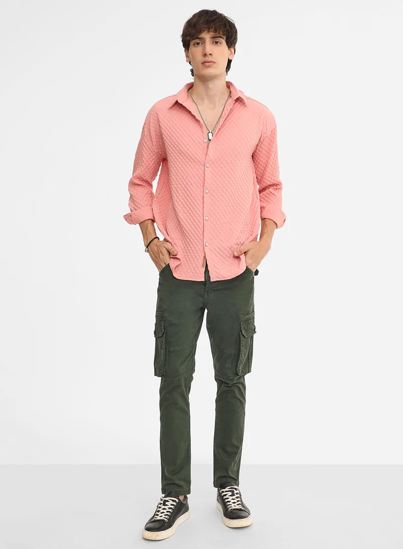 كامبوس سوترا Men's Blush Pink Cubic-Textured Oversized Shirt