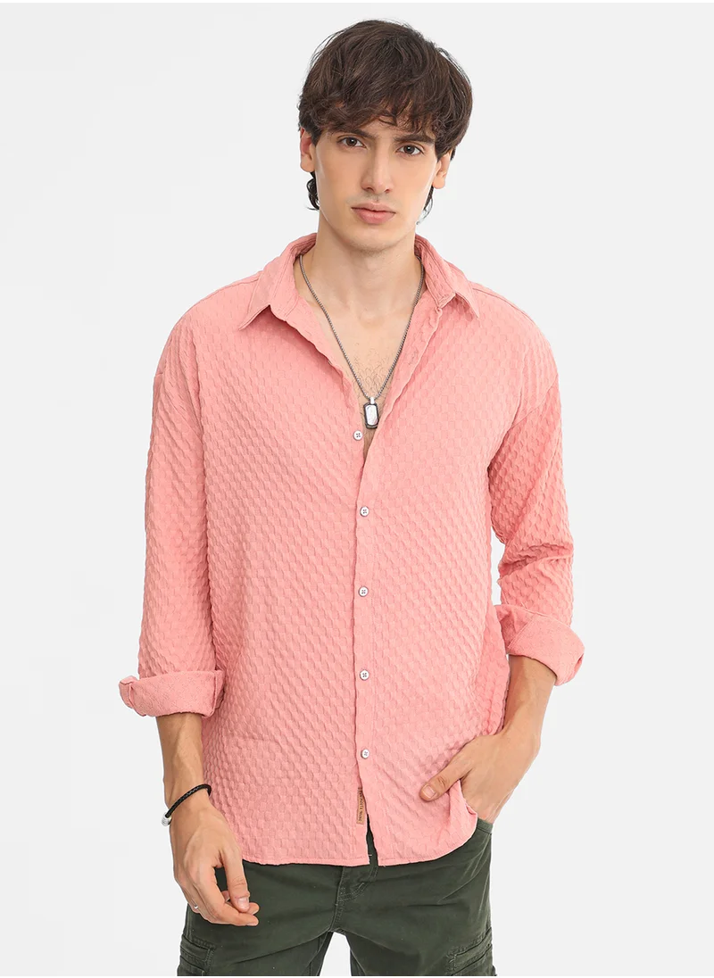 Campus Sutra Men's Blush Pink Cubic-Textured Oversized Shirt