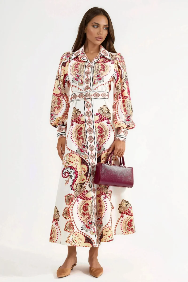 جينيفر Patterned Maxi Dress with Belt