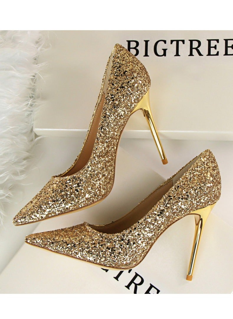 BIGTREE كعب رفيع لامع ذهبي نقاطه ضيقة بعمق سطحي للنساء بطول 10 سم بأسلوب أوروبي