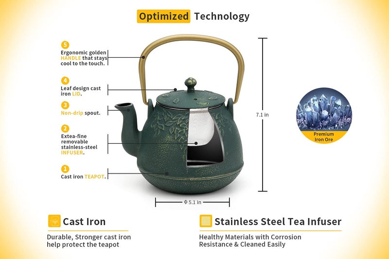 TOPTIER Japanese Cast Iron Tea Kettle with Infuser, Leaf Design Teapot Stovetop Safe Coated with Enameled Interior for 32 Ounce (950 ml), Dark Green - Image 3
