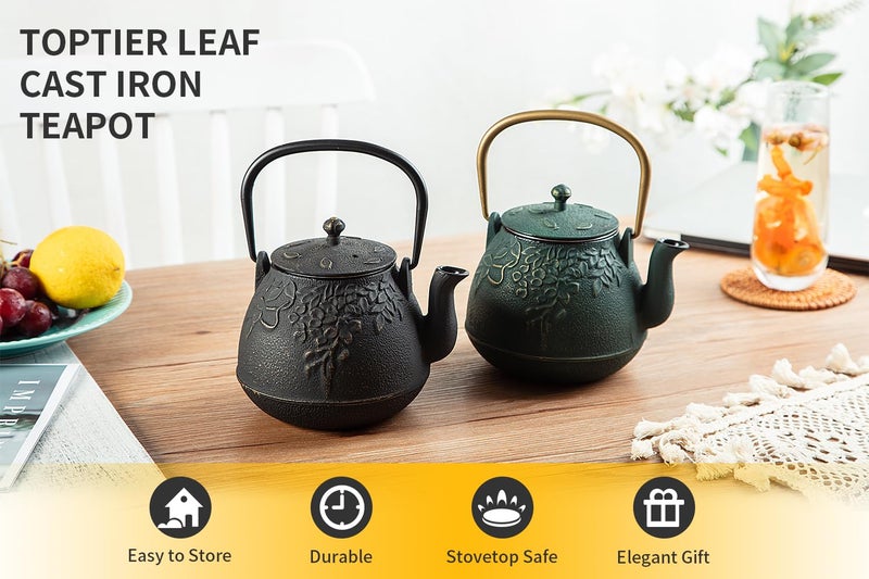 TOPTIER Japanese Cast Iron Tea Kettle with Infuser, Leaf Design Teapot Stovetop Safe Coated with Enameled Interior for 32 Ounce (950 ml), Dark Green - Image 2