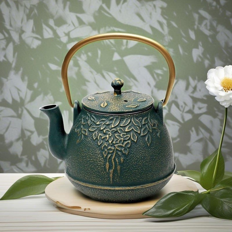 TOPTIER Japanese Cast Iron Tea Kettle with Infuser, Leaf Design Teapot Stovetop Safe Coated with Enameled Interior for 32 Ounce (950 ml), Dark Green - Image 4