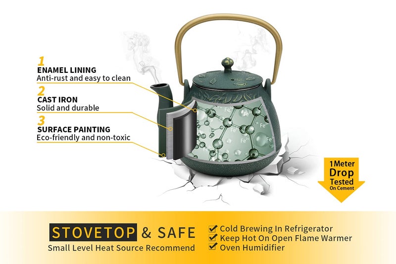 TOPTIER Japanese Cast Iron Tea Kettle with Infuser, Leaf Design Teapot Stovetop Safe Coated with Enameled Interior for 32 Ounce (950 ml), Dark Green - Image 5