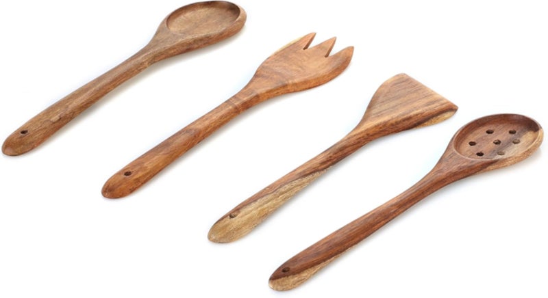 Wooden Kitchen Utensil Set, 4 Pieces, Natural Wood Serving Spoons and Fork, Dark Brown