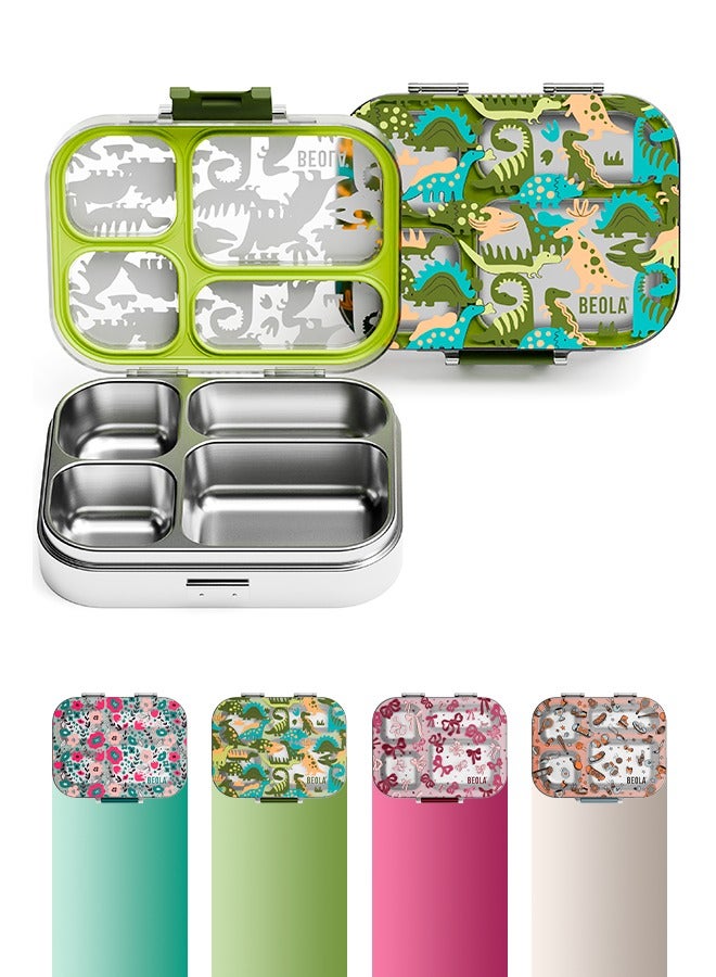 BEOLA BEOLA Stainless Steel Lunch Box for Kids School, 4 Compartment Bento Box for Kids, BPA Free Tiffin with Lid, Leakproof Meal Container, Perfect as Snack Box, Lunchbox for Boys (Dino Dreams) - Image 1