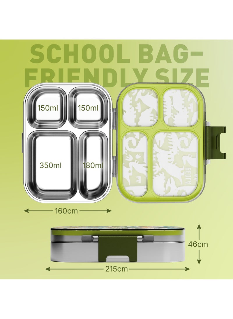 BEOLA BEOLA Stainless Steel Lunch Box for Kids School, 4 Compartment Bento Box for Kids, BPA Free Tiffin with Lid, Leakproof Meal Container, Perfect as Snack Box, Lunchbox for Boys (Dino Dreams) - Image 4