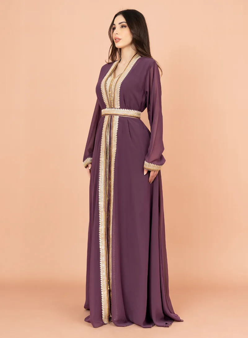 اكسا قفطان انيق قطعتين مع حزام IK8729 بنفسجي