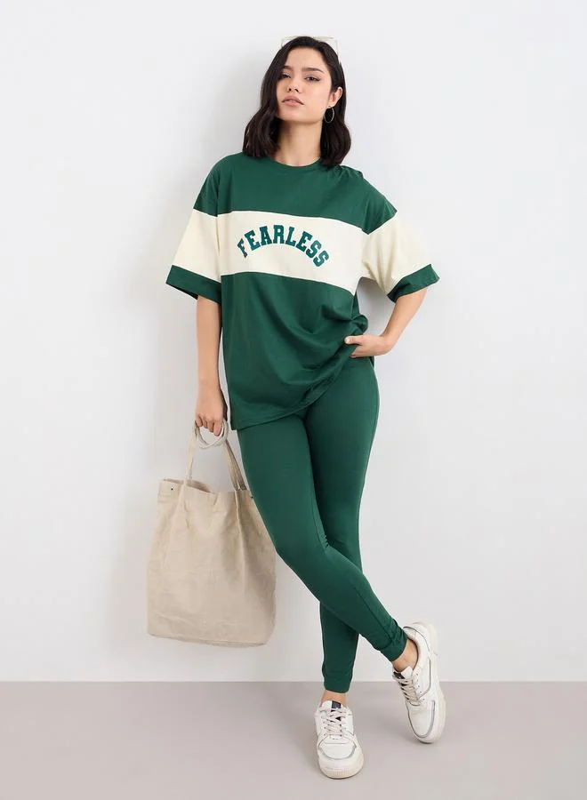 Styli Women Dark Green Color Block Oversized T-Shirt and Leggings Set