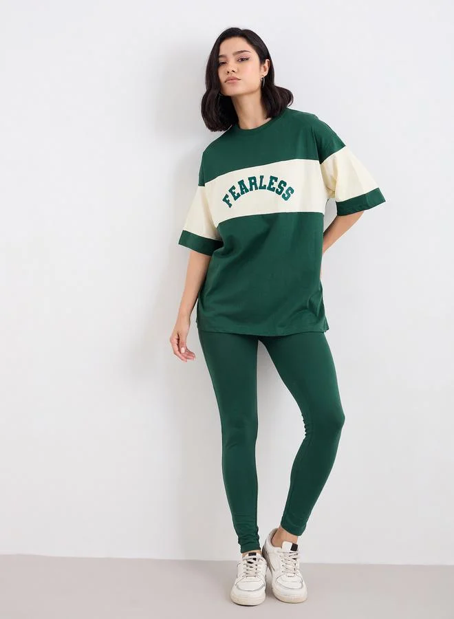Styli Styli Women Dark Green Color Block Oversized T-Shirt and Leggings Set