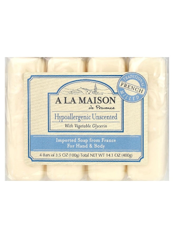 A La Maison De Provence A La Maison de Provence, Hand & Body Soap Bar, Hypoallergenic Unscented, 4 Bars, 3.5 oz (100 g) Each  - Image 1