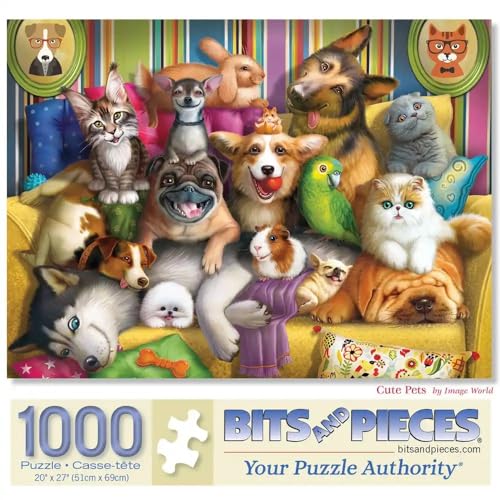 Bits and Pieces Cute Pets Jigsaw Puzzle for Adults Colorful Dogs and Cats Animal Collage by Image World Fun Family Activity Unique RandomCut Pieces 1000 Piece Puzzle 20 x 27 - Image 1