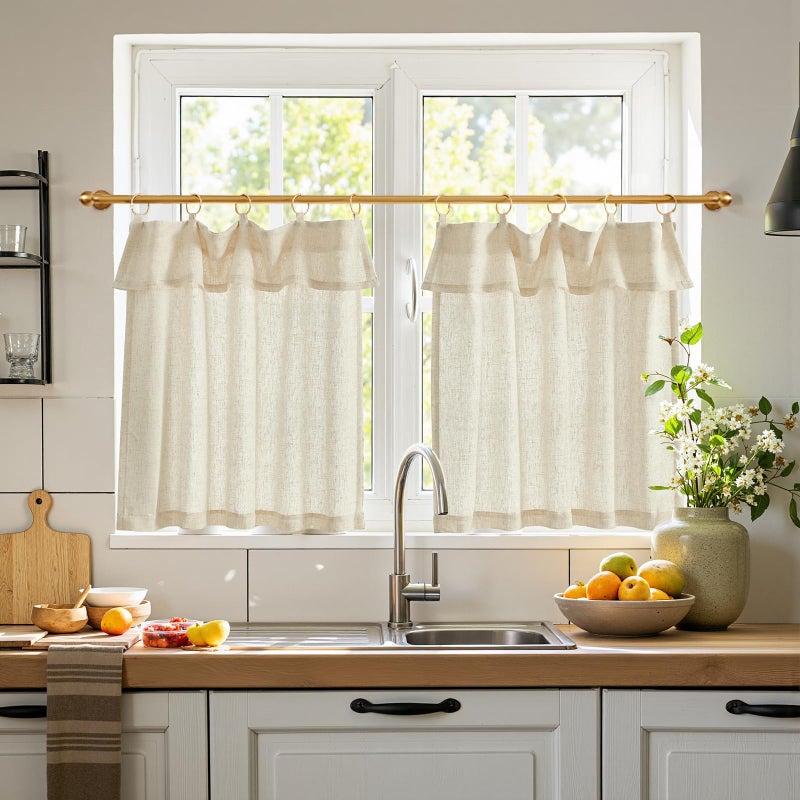 jinchan Linen Tier Curtains with Attached Valance for Kitchen Windows 24 Inch Length Farmhouse Cafe Curtains for Small Windows Light Filtering Rustic Short Drapes for Bathroom Laundry 2 Panels Beige - Image 1