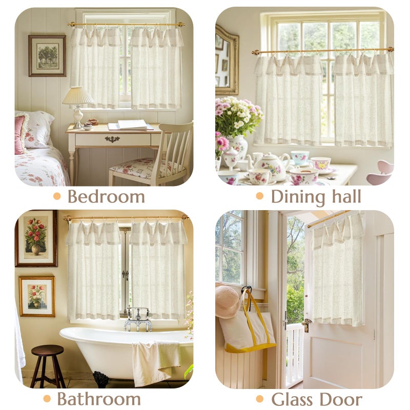 jinchan Linen Tier Curtains with Attached Valance for Kitchen Windows 24 Inch Length Farmhouse Cafe Curtains for Small Windows Light Filtering Rustic Short Drapes for Bathroom Laundry 2 Panels Beige - Image 2