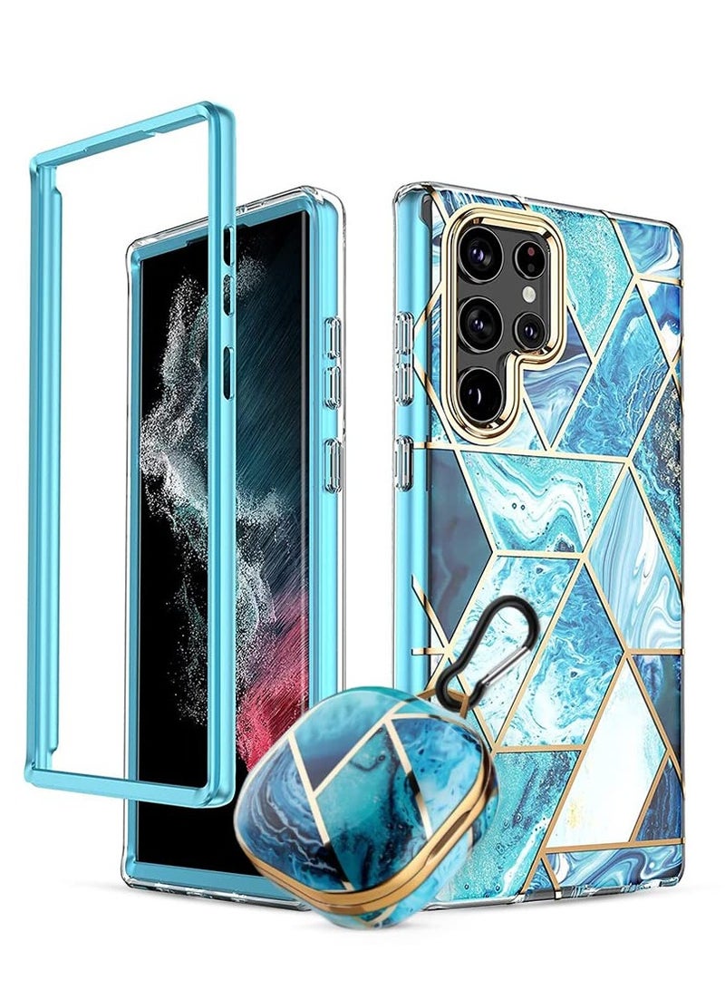 O Ozone Marble Bundle for Samsung Galaxy S24 5G Ultra Case + Galaxy Buds Case, Full-Body Smooth Gloss Finish Marble Shockproof Bumper Stylish Cover (Blue) - Image 1
