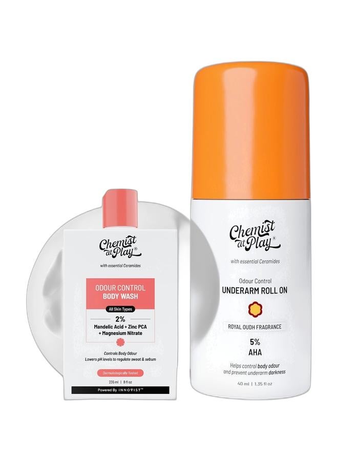 Chemist at Play Antibacterial & Odour Control Body Wash | Mandelic Acid | Odour Control, All-Day Fresh | Antibacterial | Sweat & Sebum Control | Sulphate Free | 236ml & Underarm Roll-On With 5% Aha, Lactic Acid And 1% Mandelic Acid | Prevents Body Odour, Brightens Skin And Exfoliates Underarm | For Sensitive Skin | Royal Oudh Fragrance | Alcohol Free Bundle - Image 1