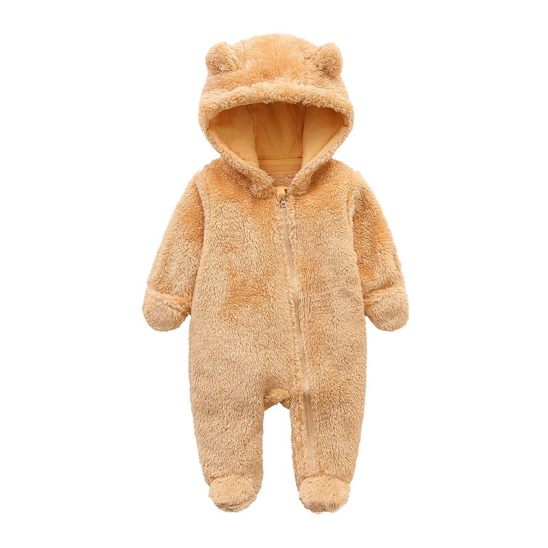 Babymine Infant Autumn and Winter Polar Fleece Clothes Soft Lined Onesie Outwear Warm Hooded Romper for 03 Months Baby Toddler Brown 