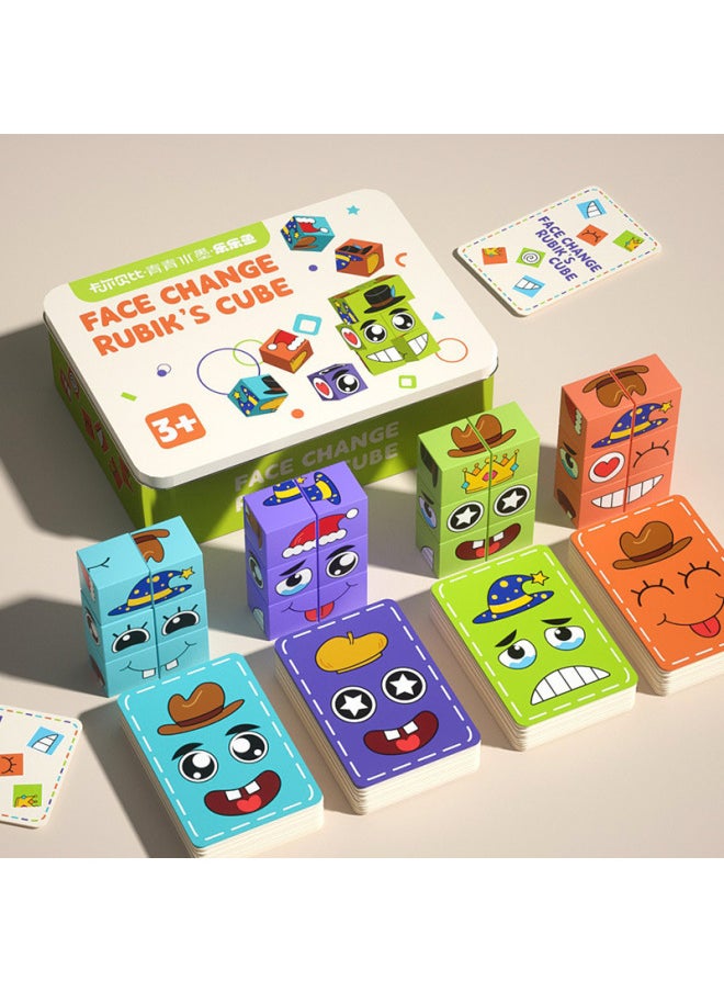 Children's Face-changing Building Blocks Rubik's Cube Smiling Facial Expression Battle 3-6 Year-old Baby's Mold Square Parent-child Interactive Toy Sanmu-Color:Upgrade To Six Building Blocks For Happier [white Iron Box] Four-player Battle Face-changing Rubik's Cube  - Image 1