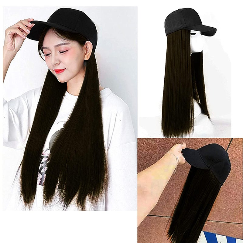 Paradise Synthetic Hair Hat 26 Long Straight Hair piece Adjustable Baseball Cap AttachedWomen Wigs Natural Hair Full Head 26inch Dark Brown Free Carry Pouch150 gram Pack Of 1pc - Image 5