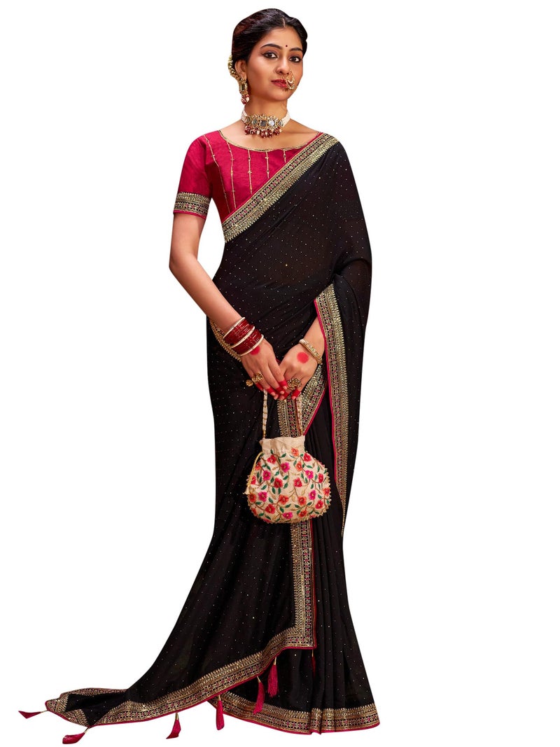 SAREE MALL Women's Black Vichitra Silk Embroidered Saree with Unstitched Blouse Piece(AYUSHI4004_SUM) - Image 1
