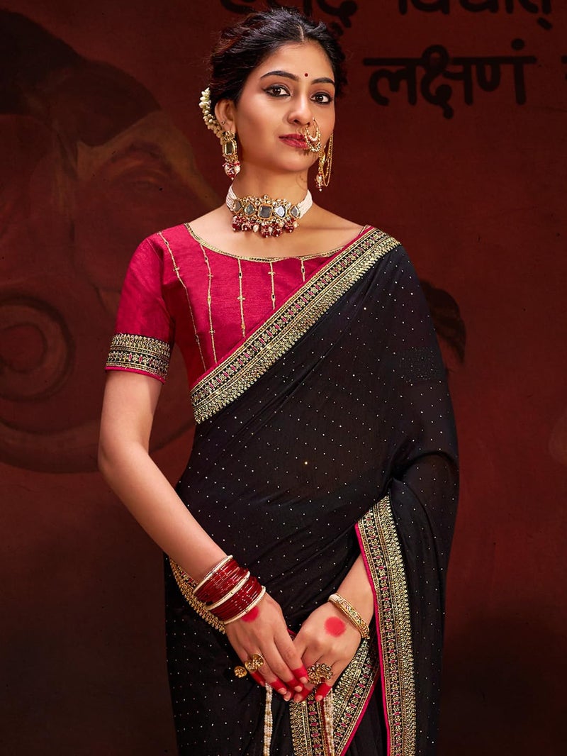 SAREE MALL Women's Black Vichitra Silk Embroidered Saree with Unstitched Blouse Piece(AYUSHI4004_SUM) - Image 4