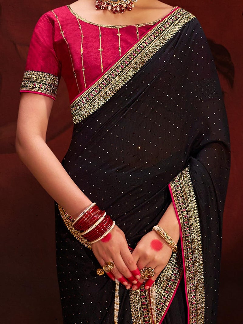 SAREE MALL Women's Black Vichitra Silk Embroidered Saree with Unstitched Blouse Piece(AYUSHI4004_SUM) - Image 5