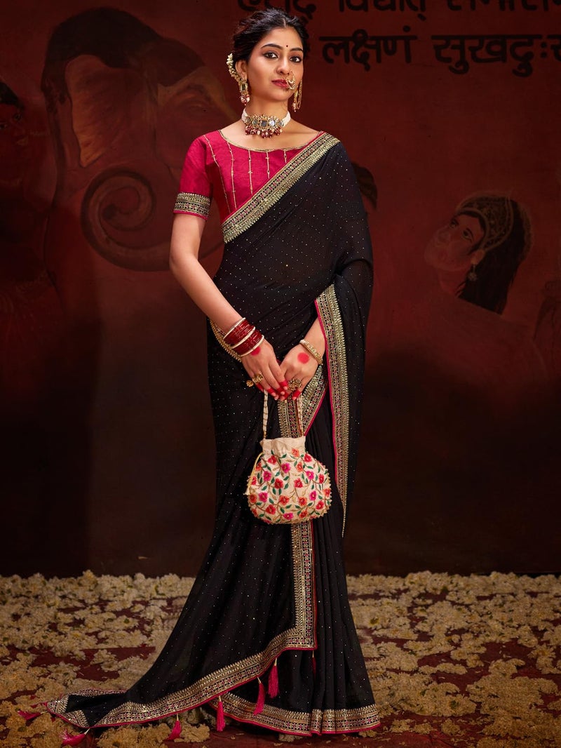 SAREE MALL Women's Black Vichitra Silk Embroidered Saree with Unstitched Blouse Piece(AYUSHI4004_SUM) - Image 2