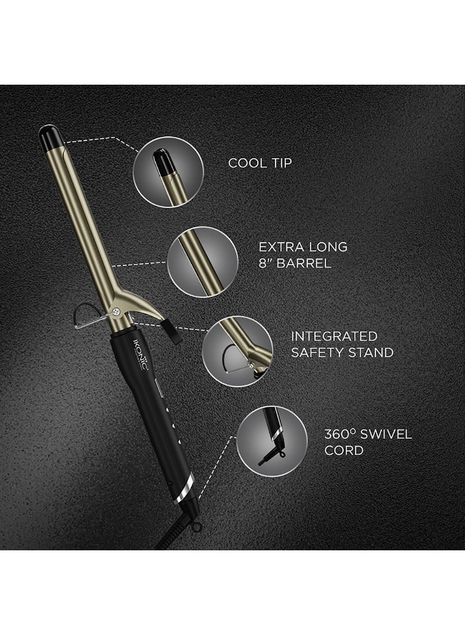 أي كونيك مكواة تجعيد الشعر أيكونك باللونين الأسود والذهبي، مقاس 22 مم، أسطوانة مشبعة بلمعان السيراميك، مؤشر جاهزية التسخين، مقبض مطاطي مريح، قاعدة أمان وسلك دوّار 360 درجة لتجعيدات ضيقة أو فضفاضة أو كلاسيكية - Image 4