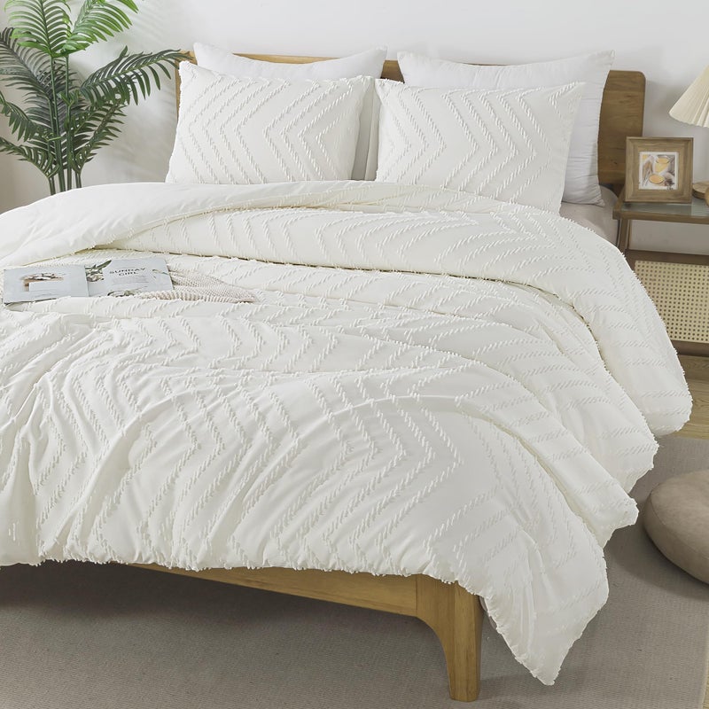 Andency Ivory Comforter Set Queen Size  Boho Soft Warm Tufted Bedding Comforter Sets for Queen Size Bed  3 Pieces Aesthetic Chevron Farmhouse Cute Bohemian Textured Bed Set - Image 1