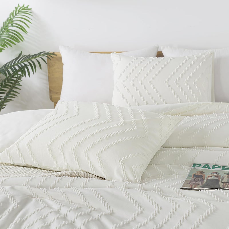 Andency Ivory Comforter Set Queen Size  Boho Soft Warm Tufted Bedding Comforter Sets for Queen Size Bed  3 Pieces Aesthetic Chevron Farmhouse Cute Bohemian Textured Bed Set - Image 4