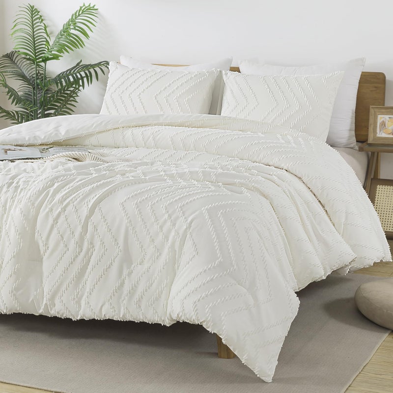 Andency Ivory Comforter Set Queen Size  Boho Soft Warm Tufted Bedding Comforter Sets for Queen Size Bed  3 Pieces Aesthetic Chevron Farmhouse Cute Bohemian Textured Bed Set - Image 2