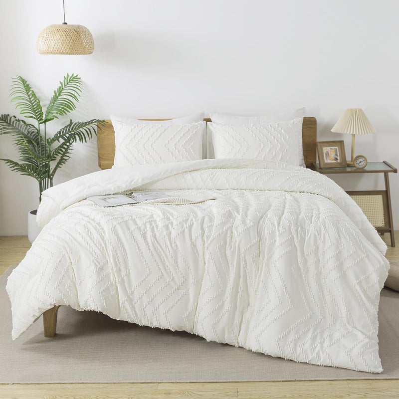 Andency Ivory Comforter Set Queen Size  Boho Soft Warm Tufted Bedding Comforter Sets for Queen Size Bed  3 Pieces Aesthetic Chevron Farmhouse Cute Bohemian Textured Bed Set - Image 3