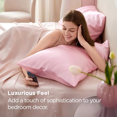 Bedsure Satin Pillowcase 2 Pack Similar to Silk Pillow Cases Standard Size, Pillow Case for Sleeping Women with Envelope Closure, Gifts for Women Men, Pink, 20x26 Inches, 2pcs - Image 2