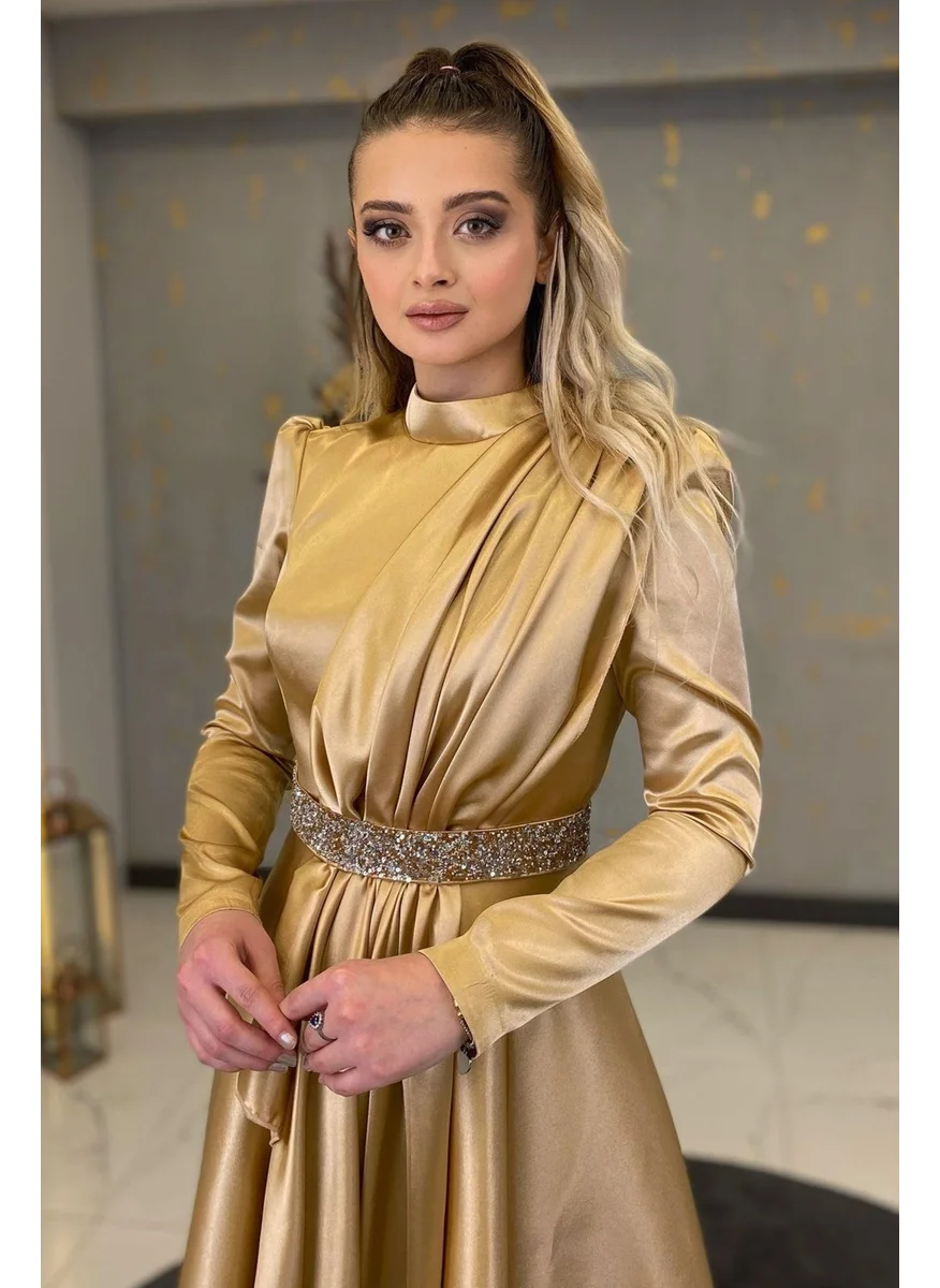 Esilanur Suna Stone Belted Hijab Evening Dress Gold