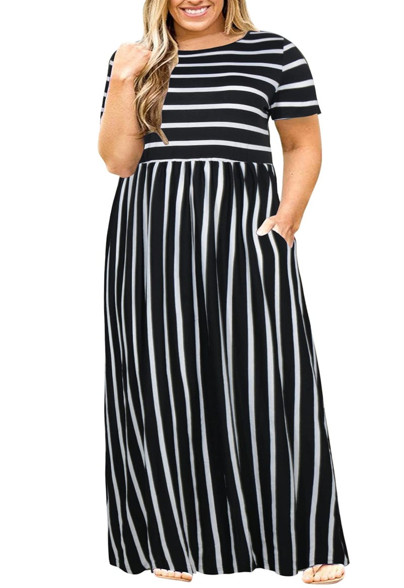 Nemidor Plus Size Maxi Dresses for Curvy Women Summer Casual Loose Short Sleeve Long Beach Dress with Pocket14918Black Stripe