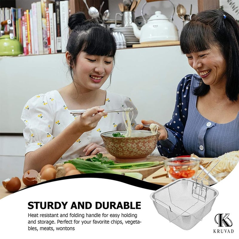 Kruvad Stainless Steel Square Fry Basket Strainer Wire Mesh Handle Holder French Chip Barbecue Basket Suitable for Fried Chicken Frying Serving for Restaurant Kitchen Fish Commercial Square Basket - Image 3
