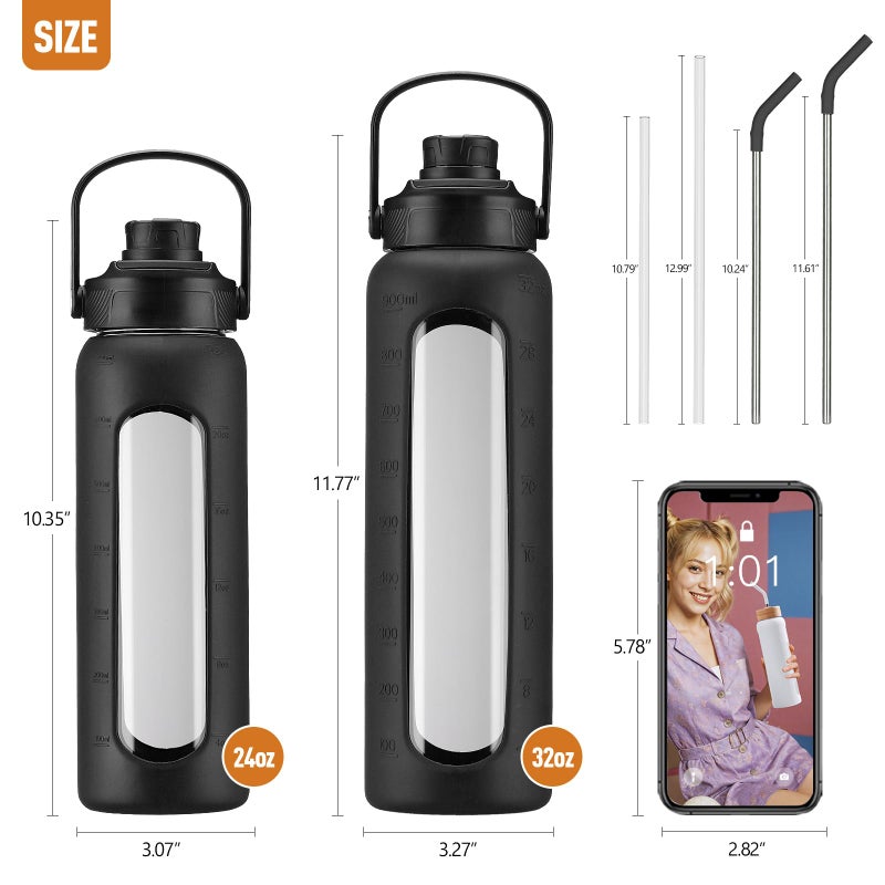 Kodrine 24oz Glass Water Bottle with Straw and 2 Lids-Bamboo Straw and Spout Lid with Carry Handle, Borosilicate Glass Drinking Bottle with Silicone Sleeve and Time Marker For Sports Travel, Black - Image 4