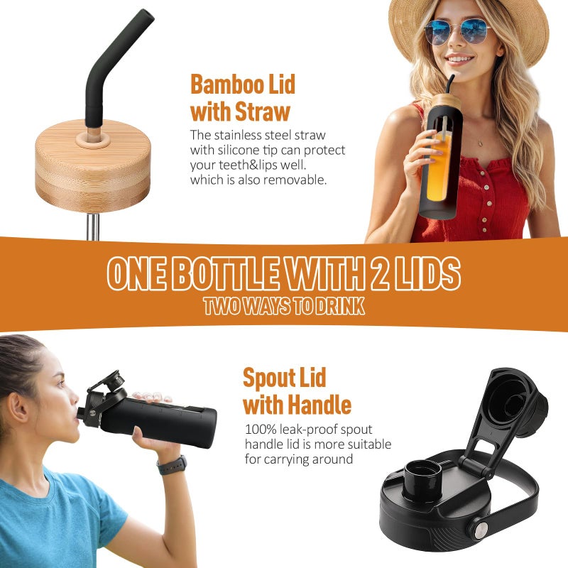 Kodrine 24oz Glass Water Bottle with Straw and 2 Lids-Bamboo Straw and Spout Lid with Carry Handle, Borosilicate Glass Drinking Bottle with Silicone Sleeve and Time Marker For Sports Travel, Black - Image 2