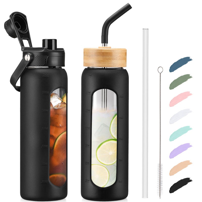 Kodrine 24oz Glass Water Bottle with Straw and 2 Lids-Bamboo Straw and Spout Lid with Carry Handle, Borosilicate Glass Drinking Bottle with Silicone Sleeve and Time Marker For Sports Travel, Black - Image 1