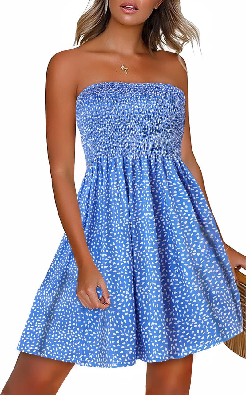 CHICGAL Sundresses for Women Casual Beach Summer Strapless Coverups Tube Tops Off The Shouder Dresses (Blue Polka dot,M) - Image 1