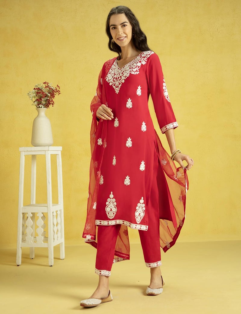 Kaari Women's Chikankari Kurta Set with Dupatta - Straight Fit | Organza Dupatta | Straight Pant with Side Pocket | Kurta Set for Women - Image 2