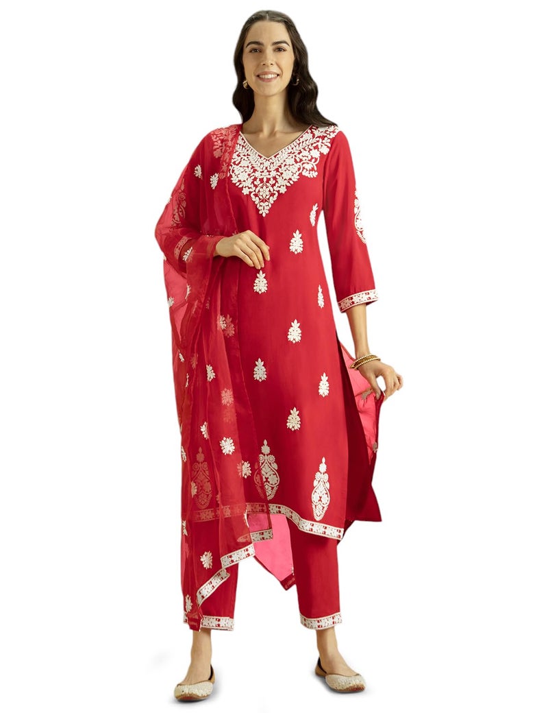 Kaari Women's Chikankari Kurta Set with Dupatta - Straight Fit | Organza Dupatta | Straight Pant with Side Pocket | Kurta Set for Women - Image 5