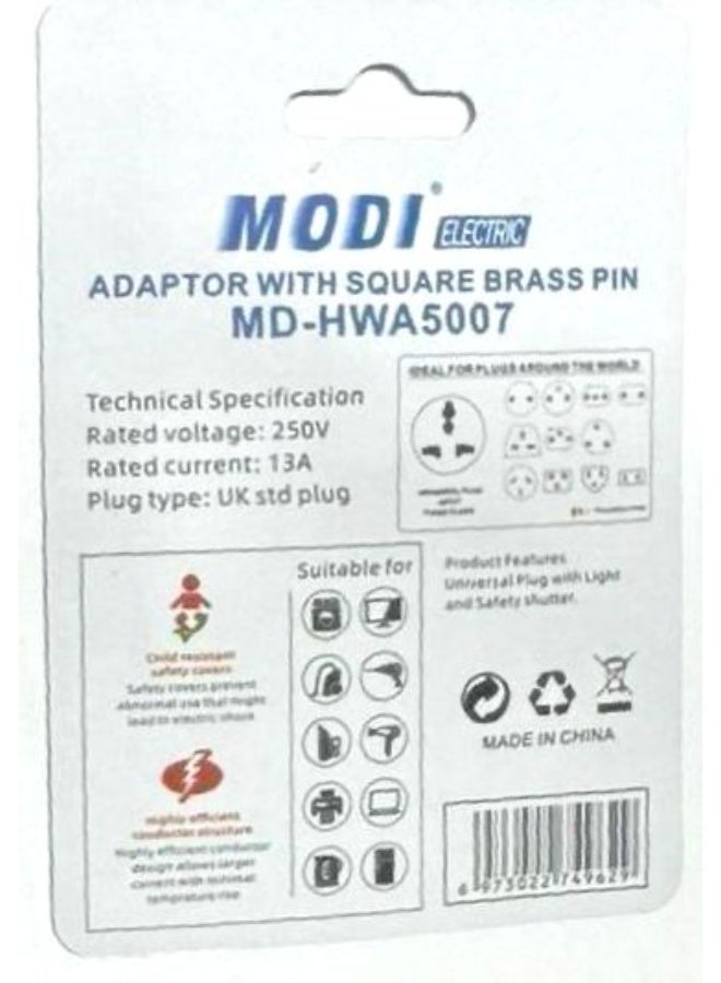 مودي محول MODI 250V ذو دبوس نحاسي مربع إلى مقبس عالمي HWA5007 13A مع مؤشر ضوئي وأغطية أمان مقاومة للأطفال - Image 3