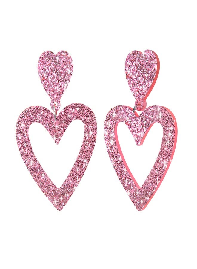 Smilelife Glitter Heart Earrings Acrylic Double Heart Dangle Earrings for Women Mother Valentines Jewelry for Girlfriend Wife Sister (Pink) - Image 1
