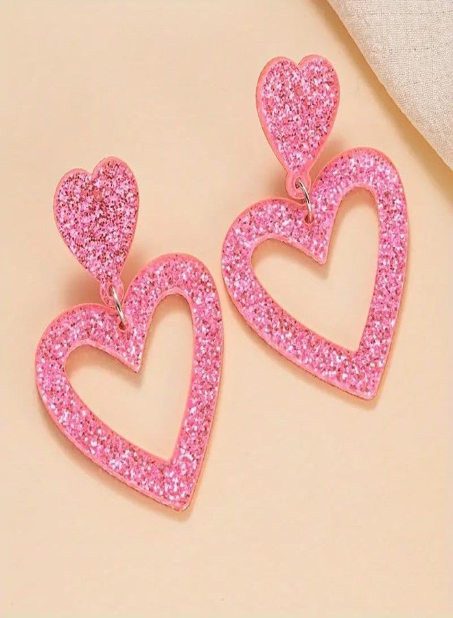 Smilelife Glitter Heart Earrings Acrylic Double Heart Dangle Earrings for Women Mother Valentines Jewelry for Girlfriend Wife Sister (Pink) - Image 3