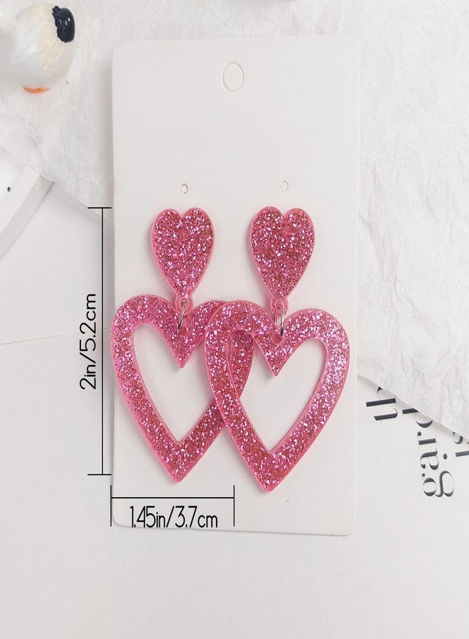 Smilelife Glitter Heart Earrings Acrylic Double Heart Dangle Earrings for Women Mother Valentines Jewelry for Girlfriend Wife Sister (Pink) - Image 2