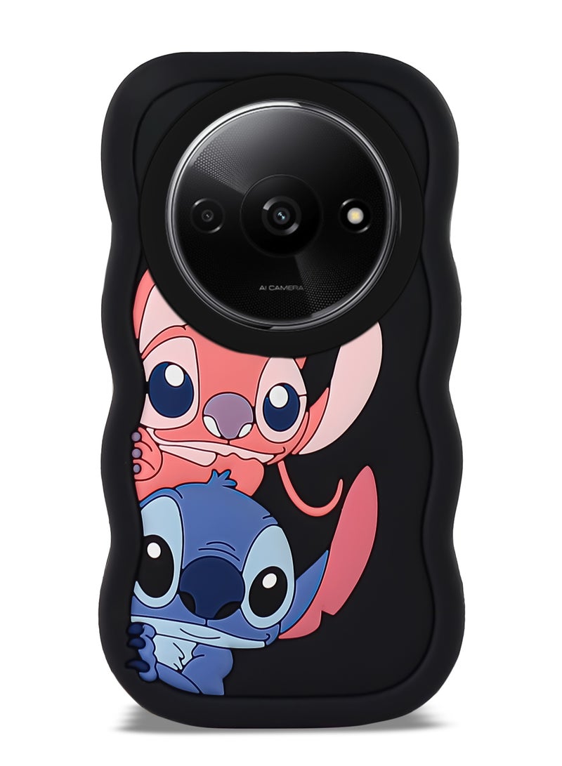 حافظة هاتف من السيليكون الناعم المتموج ثلاثية الأبعاد من Lilo and Stitch لهاتف Xiaomi Redmi A3 (أسود)