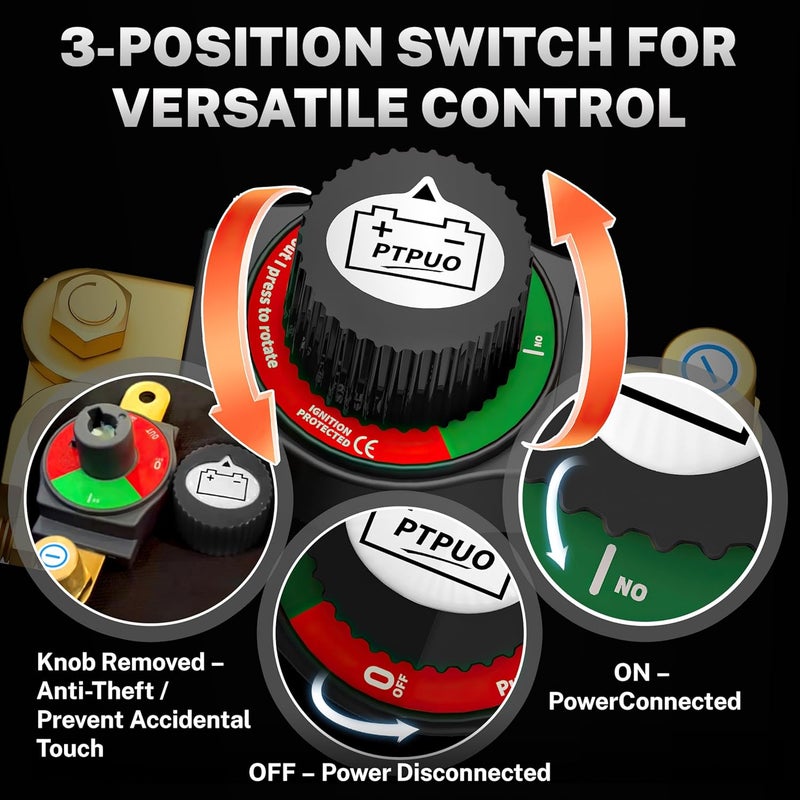PTPUO Top Post Car Battery Disconnect Switch - Flexible Negative Terminal Kill Switch, Battery Shutoff/Cutoff Switch for Car, RV, Boat - Image 4