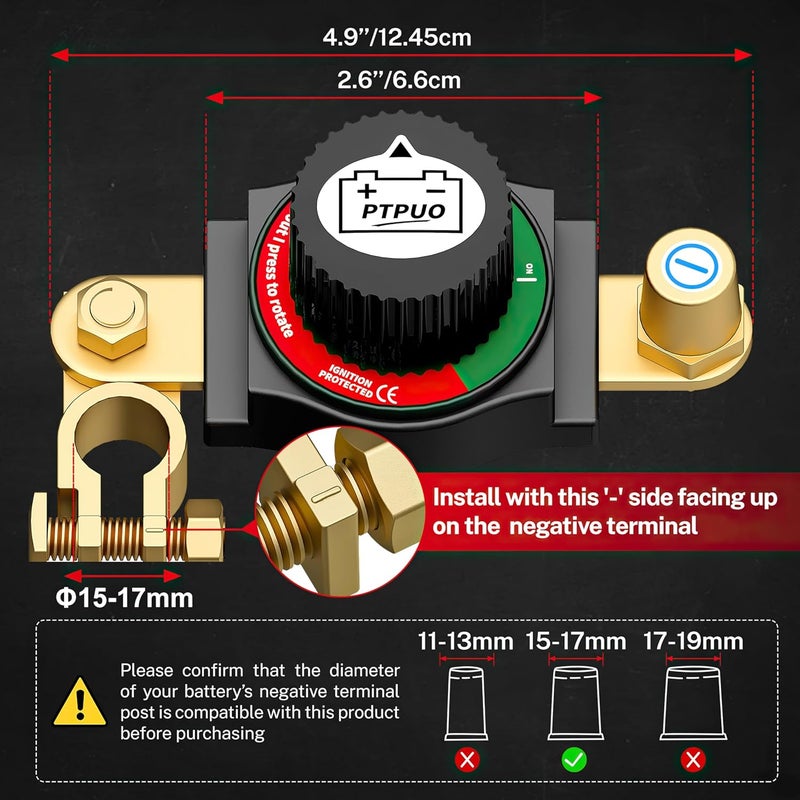 PTPUO Top Post Car Battery Disconnect Switch - Flexible Negative Terminal Kill Switch, Battery Shutoff/Cutoff Switch for Car, RV, Boat - Image 2