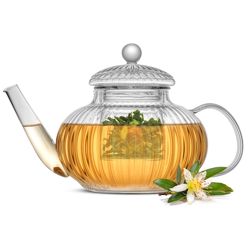JoyJolt Fluted Glass Teapot Set 34oz Stovetop Safe Tea Kettle Borosilicate Clear Kettle with Removable Glass Infuser Blooming and Loose Leaf Tea Maker and Brewer - Image 2